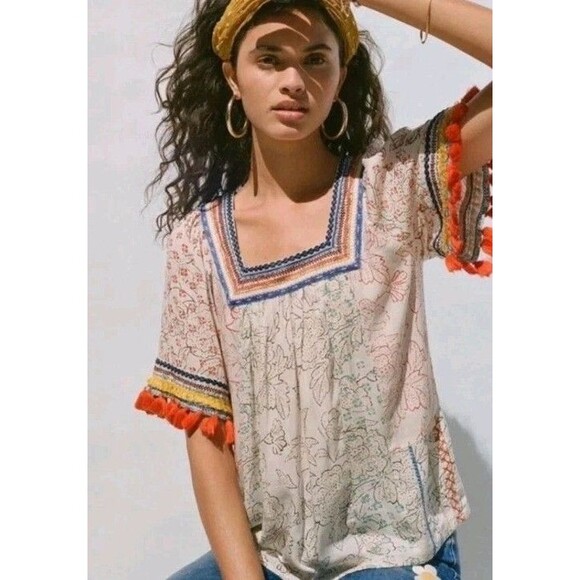 Maeve Tops - Anthropologie Maeve Paolina Tasseled Sleeve Peasant Blouse Small